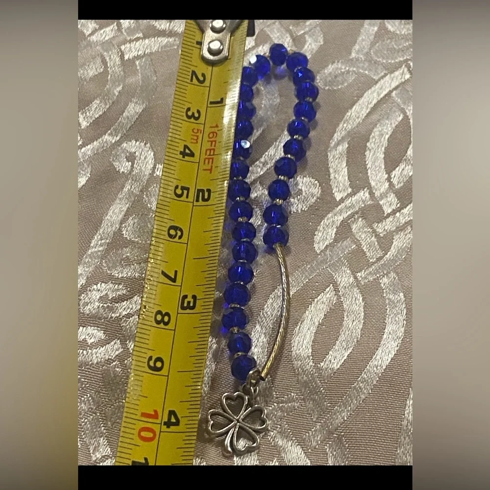 Blue Crystal Clover Charm Bead Stretch Bracelet #9137
